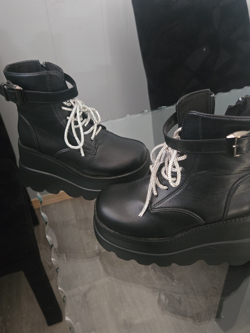 Platform Black Ankle Boots with Sparkly Laces